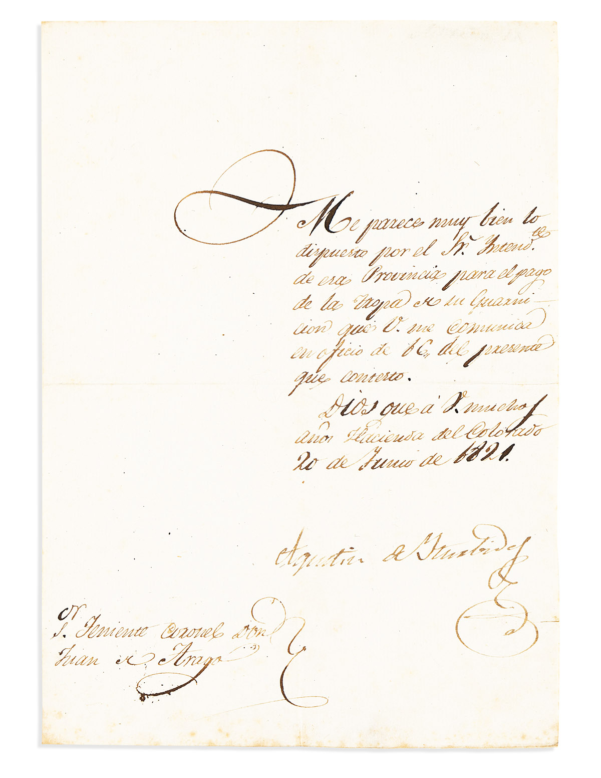 ITURBIDE, AGUSTÍN DE. Brief Letter Signed, to Lieutenant Colonel Juan de Arago, in Spanish,